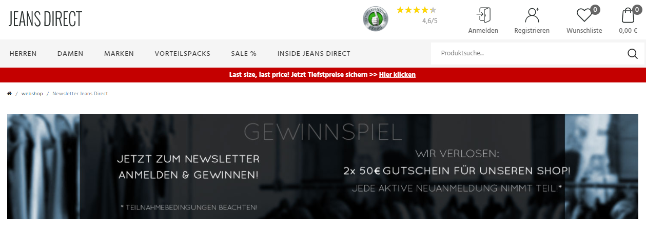 Newsletter anmelden und Jeans Direct Gutschein sichern